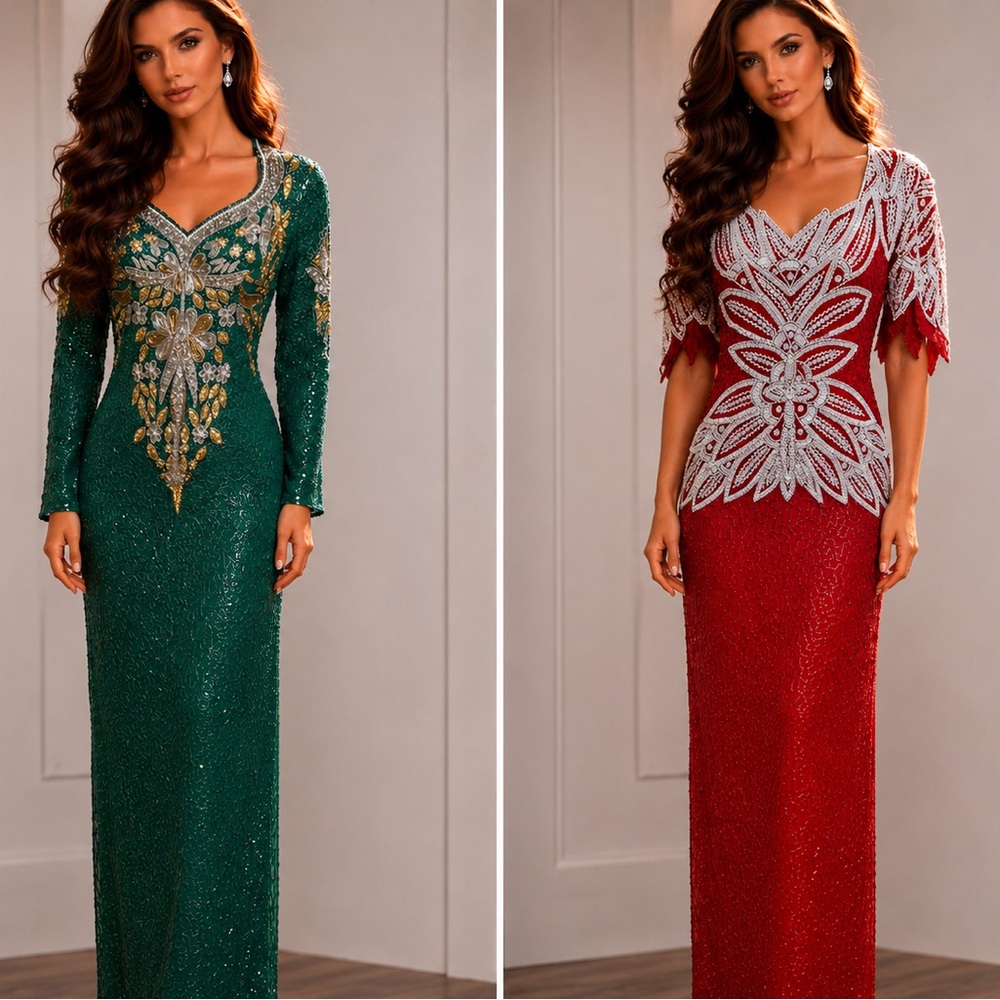 BUNDLE of 2 Silk Sequin Beaded Evening Gown Vintage Dress & Top (Fixer)